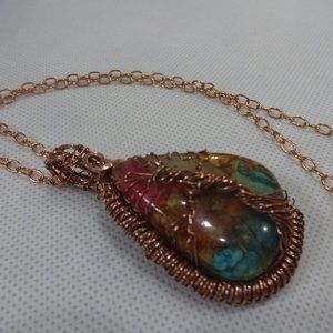 Artistic "OYSTER TURQUOISE" Handmade WIRE-WRAPPED TREE Pendant/Chain #614A